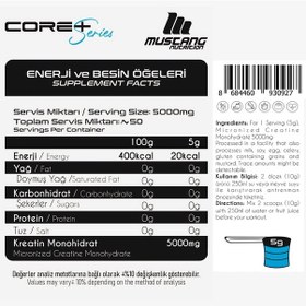 Resim Mustang Nutrition Core+ Pure Creatine Monohydrate Powder Kreatin 250 Gr 50 Servis + Shaker + Protein Kahve Hediyeli Aromasız 