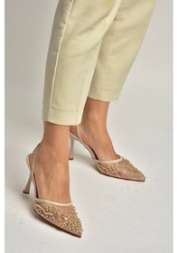 Resim Fox Shoes Y726462415 Bej File Boncuk İşlemeli İnce Topuklu Ayakkabı Bej 