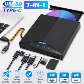 Resim Çok Fonksiyonlu 7 In 1 USB 3.0 Type-C Harici DVD Rw CD Sürücü Yazıcı Okuyucu Oynatıcı Optik Sürücü 