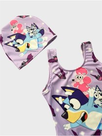 Resim tusem butik homewear Kız Çocuk Mor Sevimşi Karakter Desenli Boneli Mayo 
