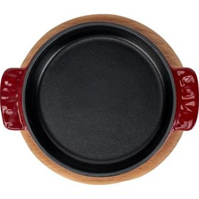 Resim Lava Döküm Yuvarlak Güveç Kabı Döküm Demir Yekpare Çift Kulplu Kayın Servis Ahşabı Çap Ø 14cm. Bordo 