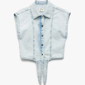 Resim Kız Çocuk Düğme Kapamalı Bağlama Detaylı Pamuklu Crop Denim Gömlek 