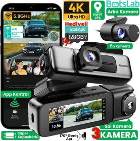 Resim 360+ Botslab G980h Pro 4k 3 Kameralı Wifi+gps Akıllı Araç İçi Kamera +170 Geniş Açı+süper Kapasitör+sesli Kontrol+gece Görüşlü 128gb Hafıza Kartı Hediyeli 