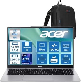 Resim Acer Aspire Lite AL16-71P Intel Core Ultra 5 125H 4.5ghz 64GB Ddr5 256GB SSD Windows 11 Home Arc Graphics 16" 120Hz IPS Fullhd+ (1920X1200) Taşınabilir Bilgisayar NXDCLEY001H26 + Zetta Çanta 