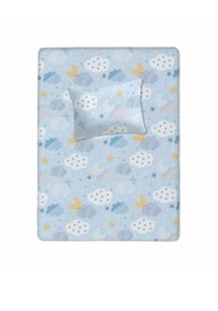 Resim %100 Pamuklu Bebek Lastikli Çarşaf 70x130+20 Bebek Yastık Kılıfı 35x45 Mavi-beyaz 