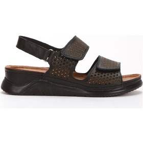 Resim Hakiki Deri Cırt Cırtlı Topuksuz Kadın Sandalet Siyah 