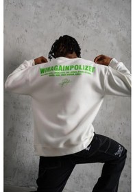 Resim Erkek Oversize Sweatshirt - Beyaz Renk Ön Ve Sırt Baskılı, Üç İplik İçi Pamuklu Kumaş, Rahat Kalıp, Ribanalı Kışlık Sweat Winagain Polizei Serisi - Beyaz Siyah 