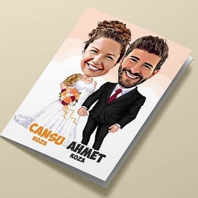 Resim Düğündeki Damat ve Gelin Karikatürlü Tebrik Kartı 