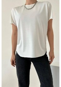 Resim Kadın Ekru %100 Modal Lazerkesim T-shirt Ekru 