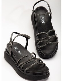 Resim 24422-1221 Siyah Dolgu Topuk Kadın Sandalet Altın - Taba 