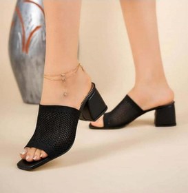 Resim Bulutmod Ba04467 Siyah Kadın Delikli Triko Günlük Kare 6 Cm Deri Topuklu Terlik Siyah Deri Siyah 