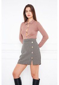 Resim Darlin Moda Kahverengi Düğme Detaylı Tweed Mini Etek DM 2002 Kahverengi 