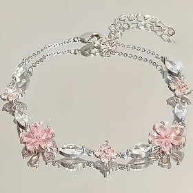 Resim 1 adet Şık Kadınlar Ayarlanabilir Kiraz Çiçeği Zincir Bileklik - Pembe Çiçekli Paslanmaz Çelik Takılar, Detaylı Çiçek Desenli Günlük Kıyafetler İçin Bileklik, Günlük Takılar|Çiçek Bileklik|Dayanıklı Bileklik 
