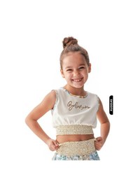 Resim Xo Kids Lastik Belli Kolsuzlu Aplike Nakışlı Kız Çocuk Bluz 4-8 Yaş 36539 Ekru 