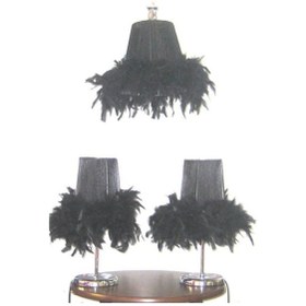 Resim Yatak Odası Siyah Tüylü Avize Abajur Seti 