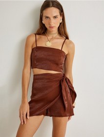 Resim Koton Koton X Şahika Ercümen - Kruvaze Mini Şort Etek Parlak Lyocell Kumaş Slim Fit Kahverengi 4sak70273ew Kahve 