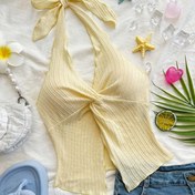 Resim Kadınların Seksi Sırtı Açık Kedi Kulaklı Halter Üstü, Twist Düğme Detayı ve Yan Yırtma - Düz Renk Bağcıklı Yazlık Cami, Rahat Giyim İçin Strapless Moda Üst | Düğme Detayları | Açık Omuz Tasarımı 