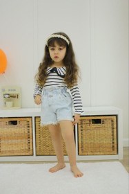 Resim Asortik Kids Kız Çocuk Çizgili Uzun Kollu Bluz + Kot Şort 2'li Set-K018-JLB-078 