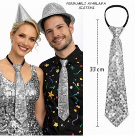 Resim Gümüş Renk Pul Payetli Işıltılı Parti Kravatı 33 Cm 2 " 