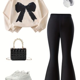 Resim Kızlar için Günlük Kıyafet 2 Parça Takım, Uzun Kollu Fiyonklu Çapraz Baskılı Tişört ve Siyah Paça Pantolon Sonbahar/Kış İçin 