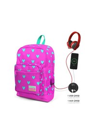 Resim Coral High Kids Neon Pembe Su Yeşili Kalp Desenli Dört Bölmeli USB Şarjlı Kulaklık Çıkışlı Okul Sırt Çantası 23277 Pembe - Su Yeşili 