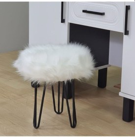 Resim Beyaz Peluş Puf Tabure, Siyah Renk Metal Ayaklı Yumuşak Oturma Pufu 38x37 Cm - Yatak Odası, Salon Pufu Beyaz 