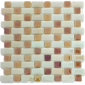 Resim MozaiKristaL Mutfak Tezgah Arası, Havuz, Banyo, Sauna, Spa, ve Yaşam Alanlarının Tüm Yüzeyleri İçin. 25X50MM. P.krem - P.kahve. 31.5X31.5 Cm. Fileli Cam Mozaik. ( 10 File Karo = 1 M2 Fiyatıdır ) 