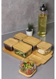 Resim Defne 13 Parça Bambu Silikonlu Kapaklı Cam Kahvaltılık Seti Lüx Kahvaltı Takımı Bambu 