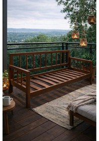 Resim Ahşap Rustik Sedir Kanepe 100cmx200 Cm İç Ölçü Mindersiz Doğal Masif Ahşap Ceviz Rengi Bej 