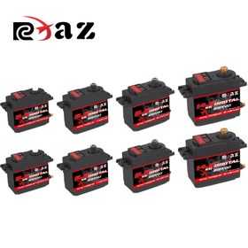Resim 1/10 ve 1/8 yüksek hızlı uzaktan kumandalı arabalar, uçaklar, uzaktan kumandalı tekneler, akıllı robotlar ve bireyler için uygun olan 3.5KG, 6.5KG, 9.5KG ve 14.5KG dijital servolar ile dört farklı RCXAZ metal ve plastik dişli servoları. 