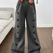 Resim Kızlar İçin Sonbaharlık Çok Yönlü Yüksek Bel Gri Kalp Desenli Flare Pantolon, Dış Mekan Kullanımına Uygun 