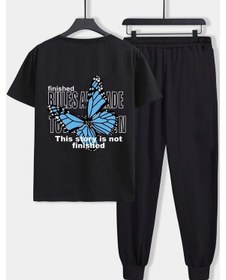Resim Unisex Kelebek Baskılı 2'li Eşofman Takımı Siyah 