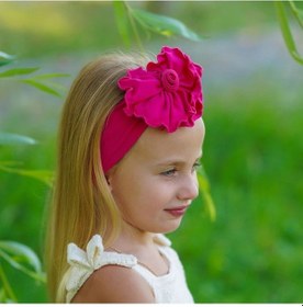 Resim Kız Bebek Çocuk Çiçek Detaylı El Yapımı Yumuşak Esnek Pamuklu Penye Saç Bandı - 6 - 9 Yaş / Fuşya Fuşya 
