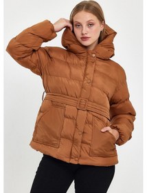 Resim Alisse-kadın Taba Kapüşonlu Kemerli Şişme Mont Kaban Taba 