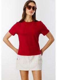 Resim Kadın T-shirt Kısa Kollu Organik Pamuklu Bisiklet Yaka Crop T-shirt Kadın-t-shırt Bordo 