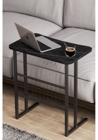 Resim Metal Ayaklı Laptop Sehpası Koltuk Sehpası Kahvaltı Masası Çalışma Sehpası - Siyah Mermer Desenli Siyah 