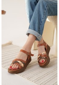 Resim Herry Taba Altın Detaylı Hakiki Deri Sandalet Çok Renkli 