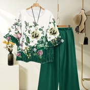 Resim Kadın Bahar/Yaz Çiçek Desenli Kısa Kollu Üst + Düz Renk Elastik Bel Geniş Paça Pantolon Takımı, Çiçek Desenli Üst, Geniş Paça Pantolon, Polyester, Rahat Stil, Rahat Kesim 