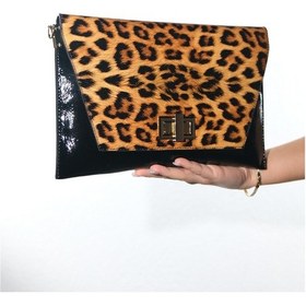 Resim Maorı Siyah Sarı Desenli Rugan Kadın Clutch Çanta Leopar 