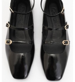 Resim Luvi Shoes Glımmer Siyah Rugan Hakiki Deri Bilekten Bağlamalı Küt Burun Kadın Babet Ayakkabı Siyah Rugan 