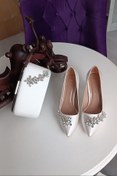 Resim LA CALZATURE Sedef Saten Çanta Takım Kombinli 9cm Şampanya Topuklu Yıldız Taşlı Stiletto Kadın Abiye Ayakkabı 