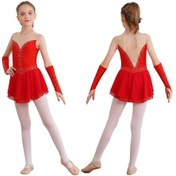 Resim Kırmızı Kızlar Buz Artistik Patinaj Elbise Bale Dans Yarışması Jimnastik Taklidi Leotard Elbiseler Eldiven Kırmızı 
