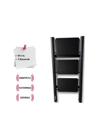 Resim Endokon Katlanır Çelik Şık Merdiven - Siyah 3 Basamaklı - Portatif Ev Ofis Merdiveni 