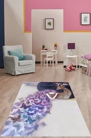 Resim Pelangi Kelebek Elbiseli Sevimli Kız Geyik Yıkanabilir Kaymaz Taban Leke Tutmaz Çocuk Odası Halısı, Lila 160 x 240 
