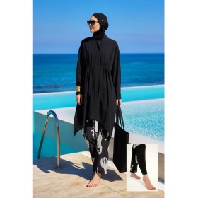 Resim Marina Siyah Tam Kapalı Tesettür Mayo Asimetrik Kesim Trençkot Stil Polyester Düz Renk M2503-3 