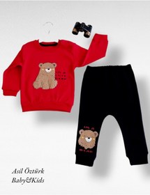 Resim AdımAy Kids Bebek Unisex Kırmızı Alt Üst Takım Pamuklu Eşofman Oturan Ayıcık Model 