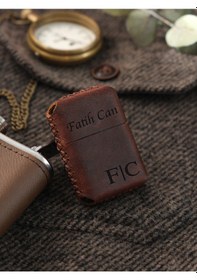 Resim Vagave Kahve Renk Hakiki Deri Kılıflı Zippo Benzinli Çakmak 