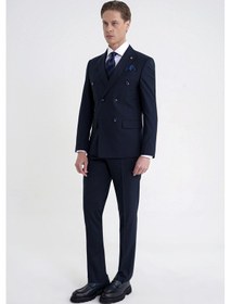 Resim Efor Slim Fit Çift Yırtmaç Esnek Silik Çizgili Lacivert Kruvaze Takım Elbise Tk 946 