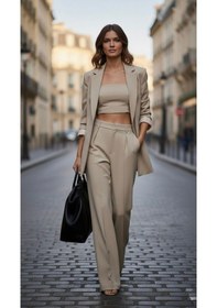 Resim Bol Paça Yüksek Bel Kadın Plazzo Pantalon Krem Bej 