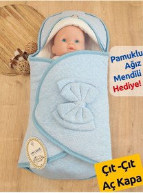 Resim Tomuycuk %100 Pamuklu Yenidoğan Mavi Erkek Bebek Kundağı - Fiyonklu Bebek Dış Kundak & Uyku Tulumu 